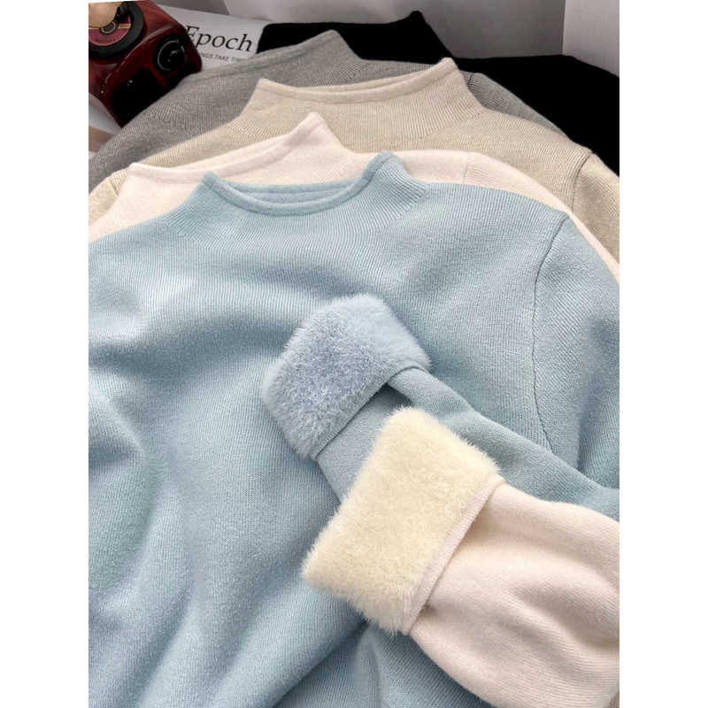 Korean-style Thickened One-piece Velvet Slim-fit Warm Long-sleeved Interior Knitted Sweater Women's Winter Half-turtleneck Knitted Base Sweater