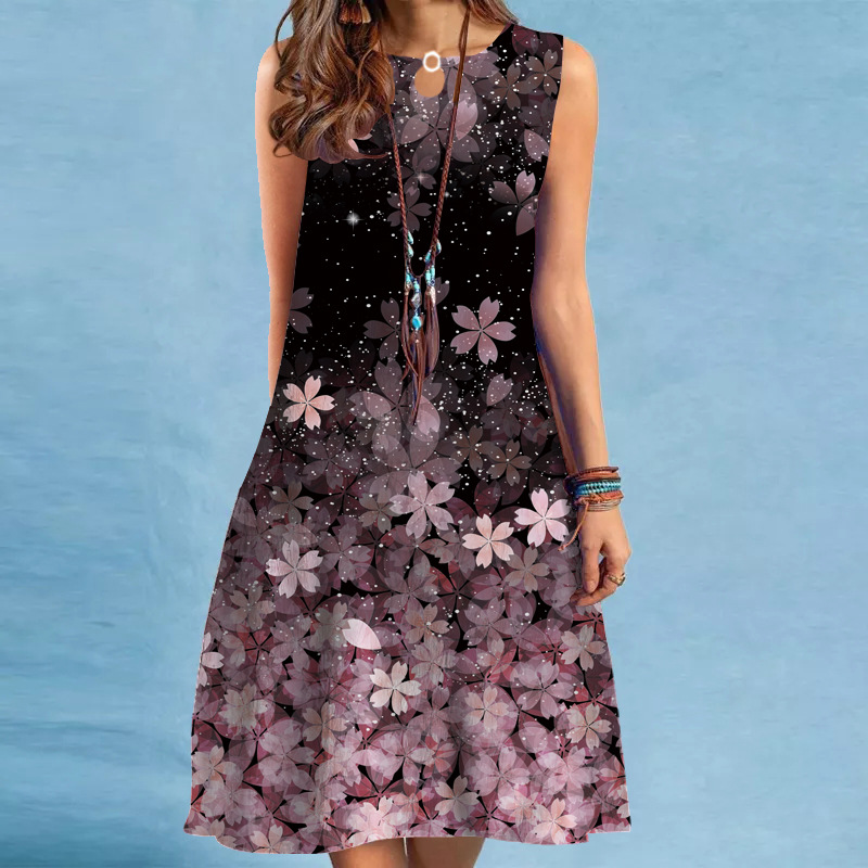 Women's Sleeveless Printed Maxi Dress With Large Hem For Summer_voghion.com