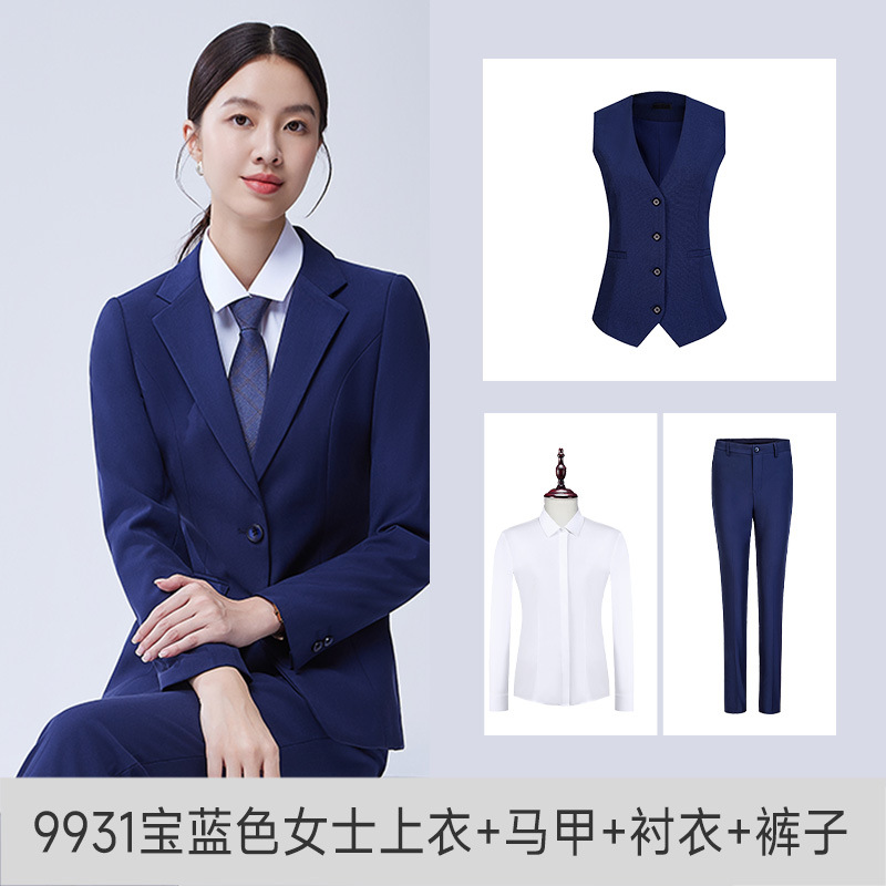 여성용 사파이어 블루(재킷+바지+조끼)+화이트 셔츠