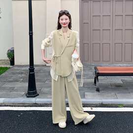 卡其色设计感御姐套装女2026夏新款薄纱拼接系带西装阔腿裤两件套