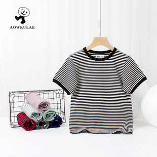 Summer Korean version of children's clothing new boys short sleeve small and medium-sized children striped round neck T shirt girls short sleeve T-shirt wholesale
