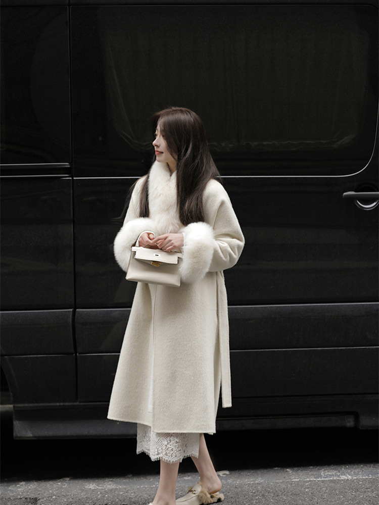 スノーフォックスコート 25 秋冬新フォックスファー V ネック両面カシミヤウールコート女性のミッドレングスの気質コート