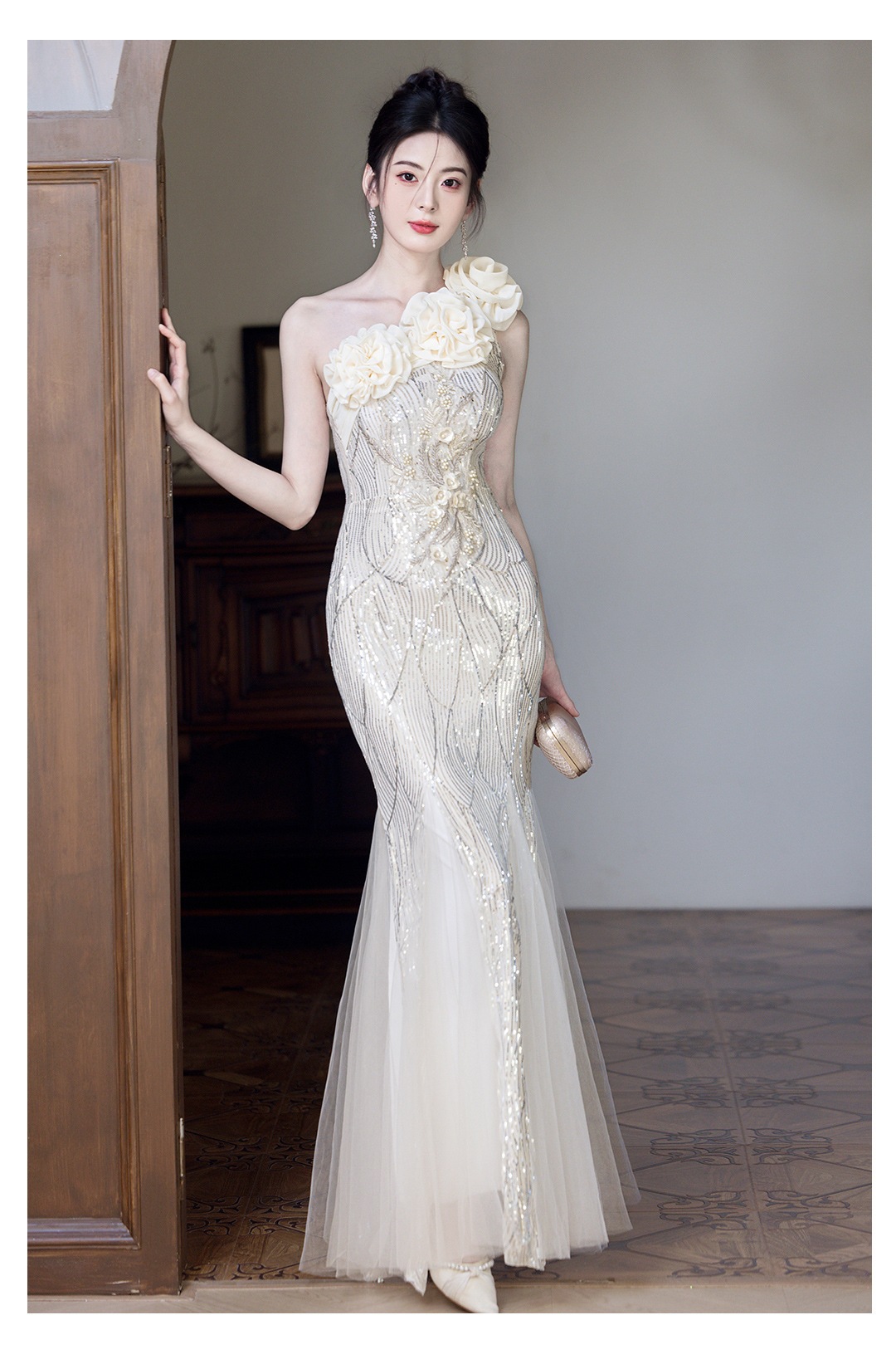 Luxury Mermaid Tail Evening Gown One Shoulder Niche Banquet Host Art Exam Temperament Singer Conductor Runway Show Costume Women's Wedding Party Wear_ecoleips.com