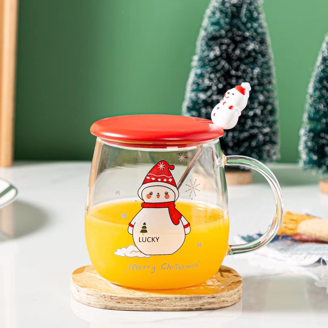Creativo personalizado vidrio árbol de Navidad ancianos taza de agua regalo dibujos animados muñeco de nieve taza con tapa cuchara taza de café