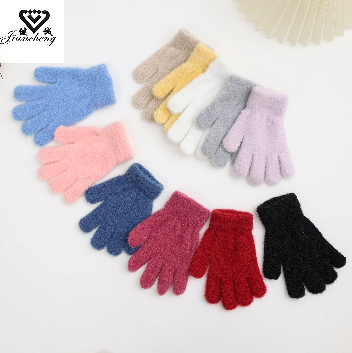Детские перчатки, перчатки из хрустальной пряжи, зимние перчатки, теплые перчатки с пятью пальцами для защиты от холода, вязаные перчатки, однотонные перчатки оптом