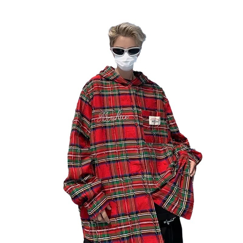 Herenoverhemd met lange mouwen Amerikaans Nieuwjaar Rood Geruit voor Heren Dames Lente Herfst Los en gedragen Mat Capuchon_voghion.com