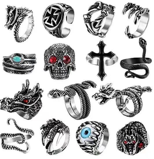 Retro Adjustable Ring Set, Punk Style, Alloy Electroplated, 16-Piece Mix (Adjustable)