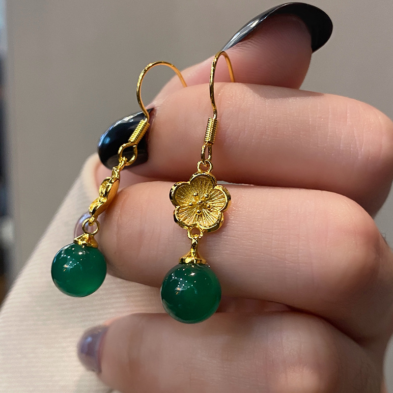 Boucles D&#39;oreilles Pendantes En Jade Vert Bourgeon En Forme De Fleur Rétro display picture 2