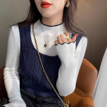 韩版气质简约撞色立领软糯打底毛衣女秋冬高级感时尚内搭针织上衣