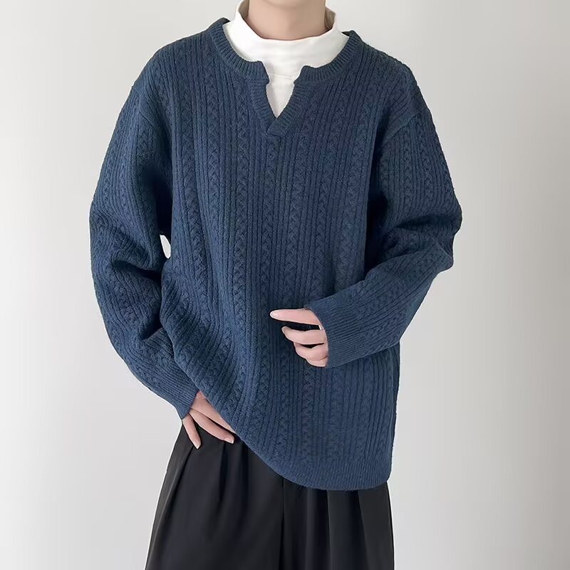 Pull en tricot à col en v pour homme en mélange coton hiver_voghion.com