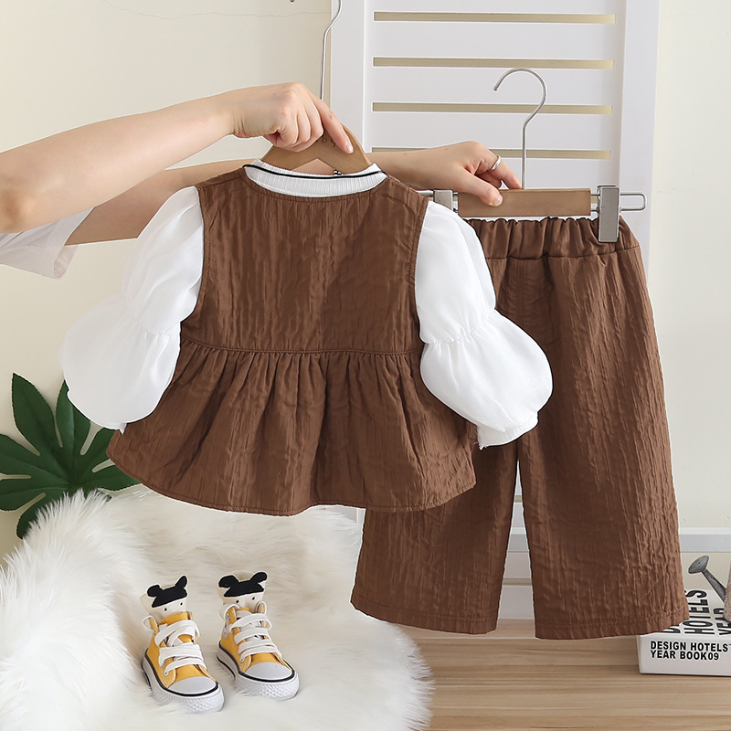 Vestiti per bambine primavera 2025 e nuovi, elegante completo autunnale per neonati, set di tre pezzi con gilet a forma di fungo_voghion.com