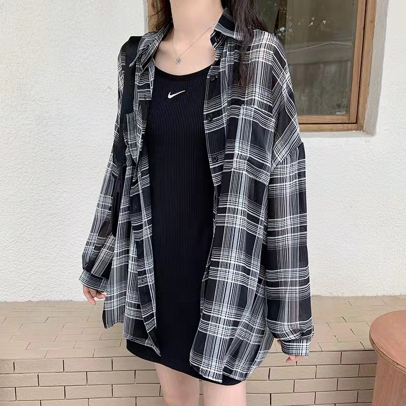 Hong Kong Style Red and Black Plaid Long-Sleeved Sun Protection Shirt for Women Summer Loose Lazy Light Air-Conditioned Shirt Top Outer Wear