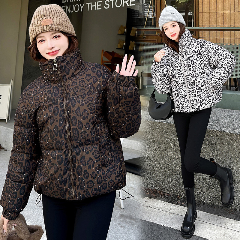 면복 여자 짧은 호피 무늬 외투 여자 겨울 신상 칼라 긴 소매 상의 보온 두