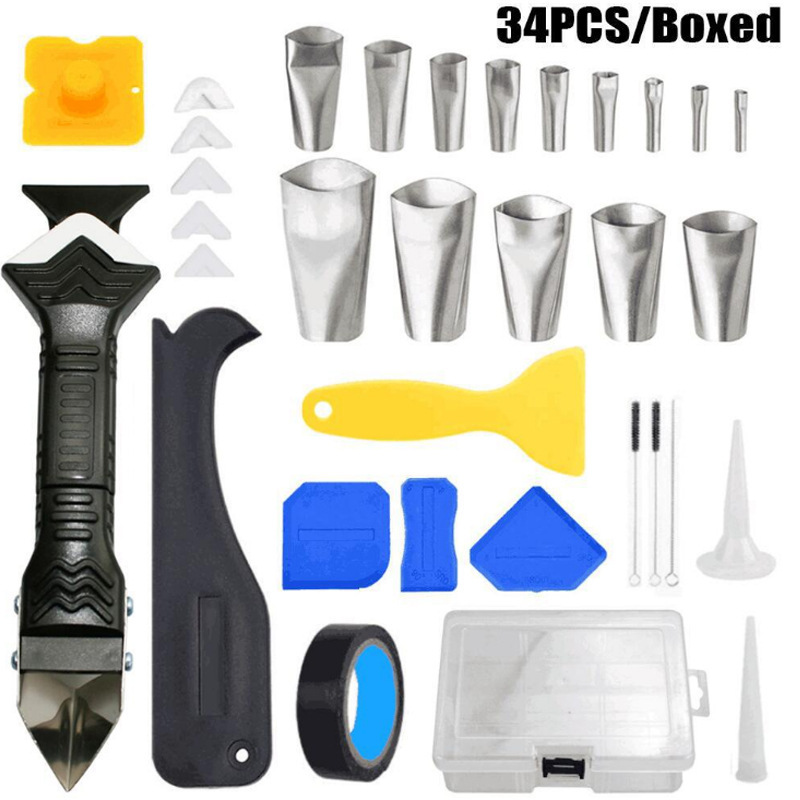 跨境盒装34件套美缝工具3合1金属刮刀填缝涂抹刮板缝隙密封胶处理