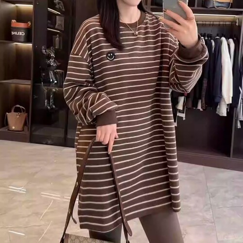 Autumn New Long-sleeved Crew Neck Striped T-shirt Top Slimming Stylish Fashion Base Shirt Casual Wear