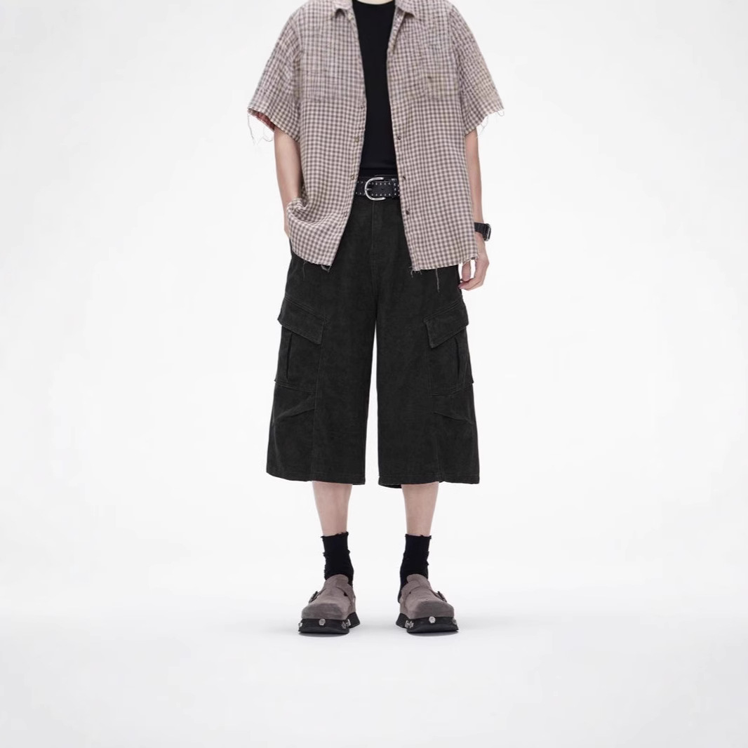 Ot Men's Cropped Jeans Summer Wide-Leg Breathable Loose Casual Shorts for Teenagers Loose Fit