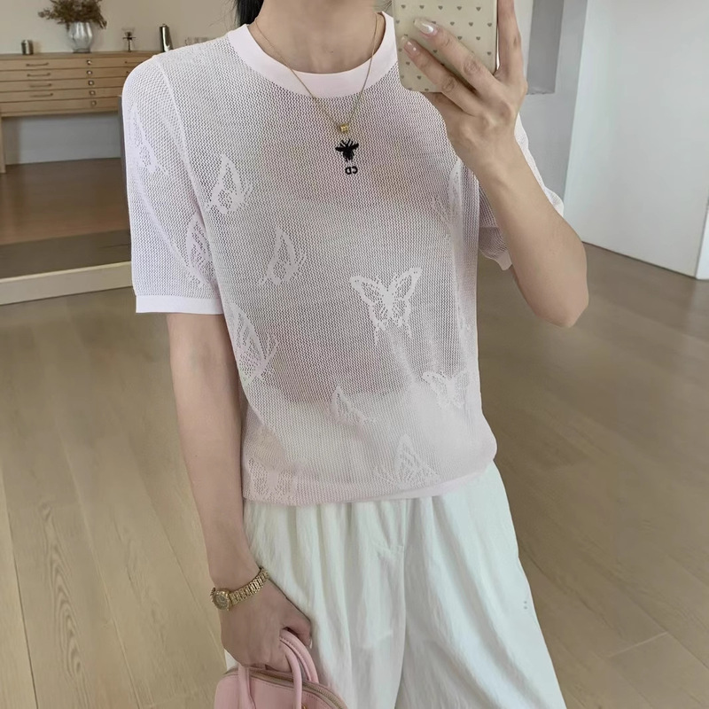 Haute Couture 25Th Summer New Mesh Hollow Bee Letter Embroidery Butterfly Dark Pattern Breathable Short-Sleeved Sweater for Women Haute Couture 25Th Summer New Mesh Hollow Bee Letter Embroidery Butterfly Dark Pattern Breathable Short-Sleeved Sweater for Women