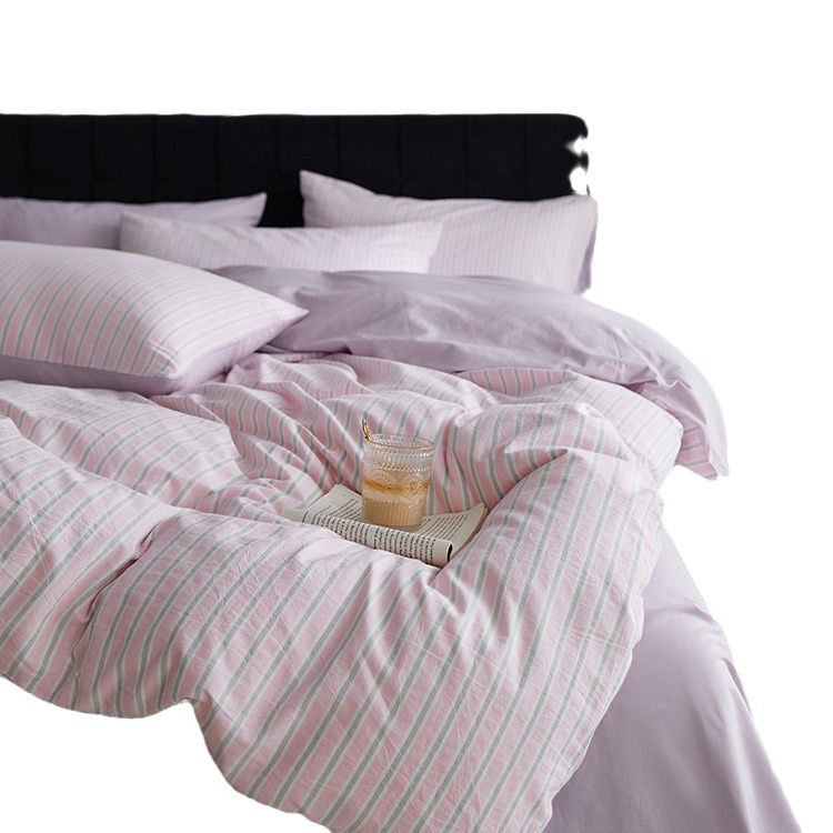 Japanese Style Striped Cotton Bed Sheet Set For Student Dormitory_voghion.com