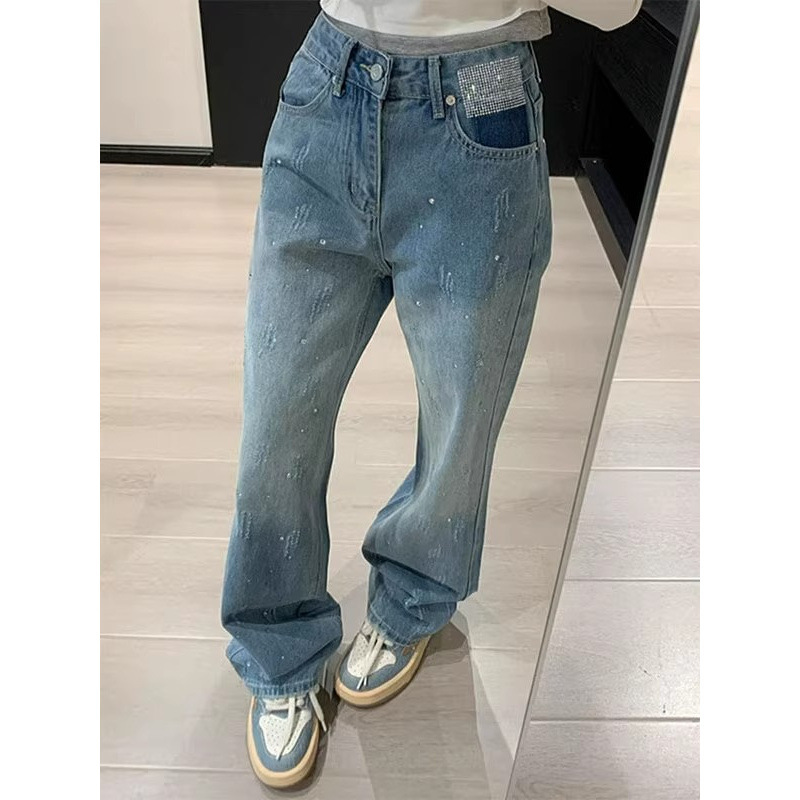 European-Style Rhinestone Straight-Leg Jeans for Women, Spring New Large Size, Loose and Slimming Harajuku Wide-Leg Floor-Length Pants