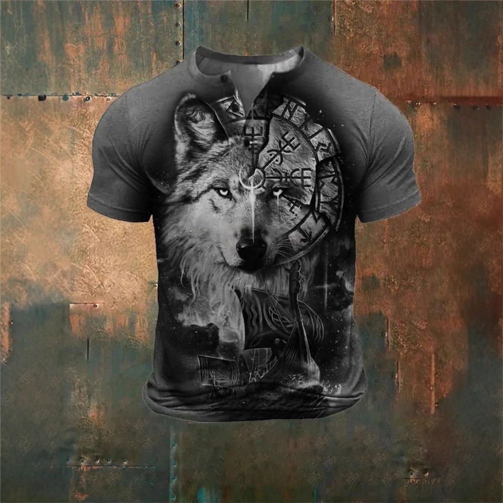 Cross-Border European and American New Golf Henry Short-Sleeved Letter Printed Polo Shirt 3D Graphic Three-Button Half Cardigan for Men