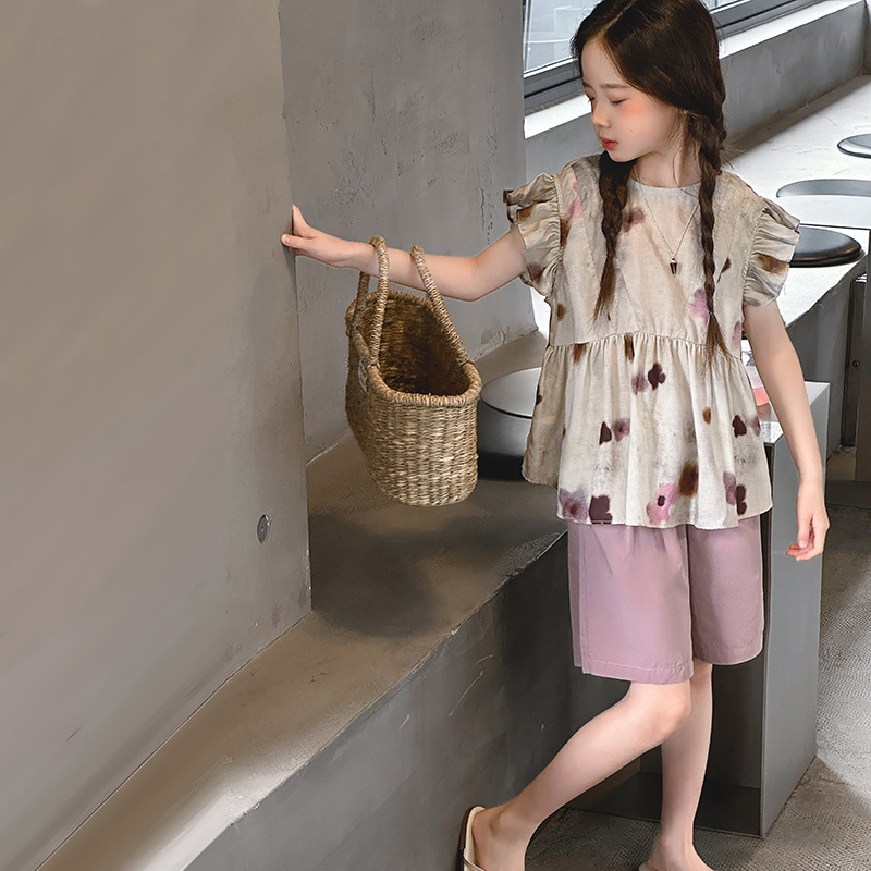 Girls' Flying Sleeve suit 2025 Summer New Arrival Korean Style Fashionable Doll Shirt and Shorts Fashion Two-Piece Set