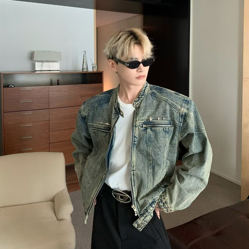 American Retro Washed Vintage Denim Jacket for Men, Spring and Autumn Style, Niche Design with Zipper, High-End Stand Collar Short Jacket American Retro Washed Vintage Denim Jacket for Men, Spring and Autumn Style, Niche Design with Zipper, High-End Stand Collar Short Jacket