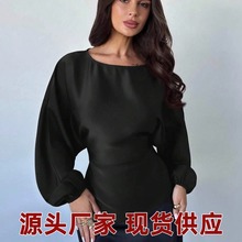 欧美跨境女装新款百搭咖啡棕色圆领系腰常规衬衫