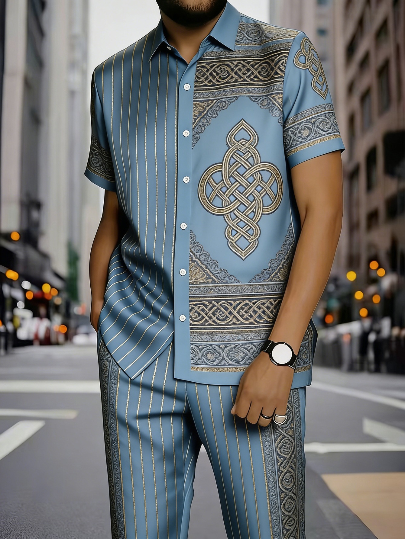 Men's Clothing Men's Commuter Style Short Sleeve Shirt And Shorts Set Collared Geometric Print Spring Summer_viptrois.com