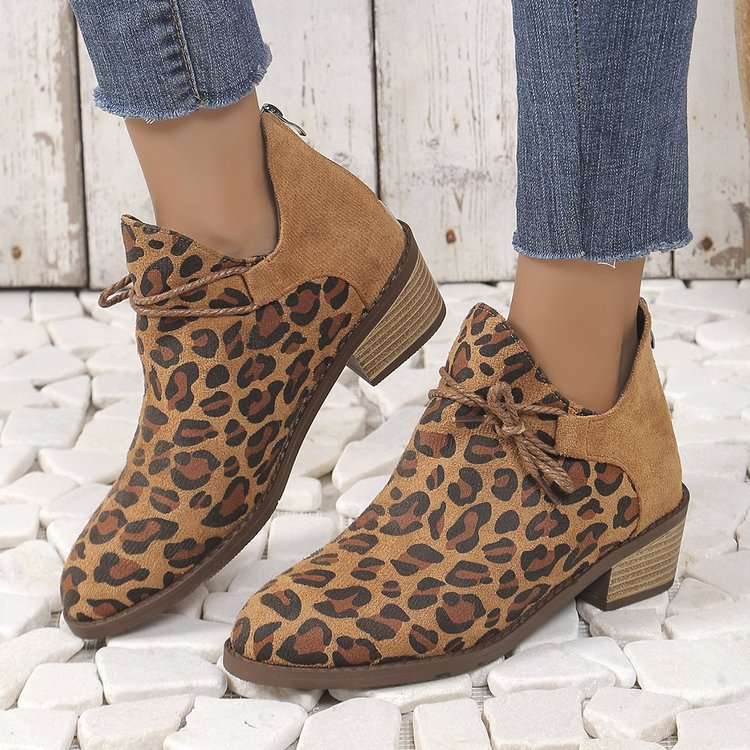Große größe leopard print niedrigen ferse spitze kurze stiefel weibliche herbst und winter neue ein fuß steigbügel_voghion.com
