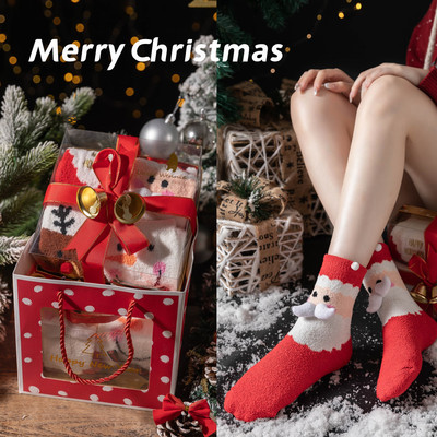 Christmas stockings bright red Coral Socks Santa Claus Elk Snowman thickening keep warm men and women Gift box