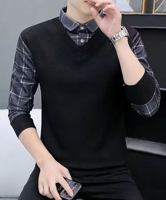 ForMen Lazy Japanese Style Square Trendy New Pullover Brand Shirt Collar Long Sleeve Casual Two-Piece Sweatshirt For Men_voghion.com