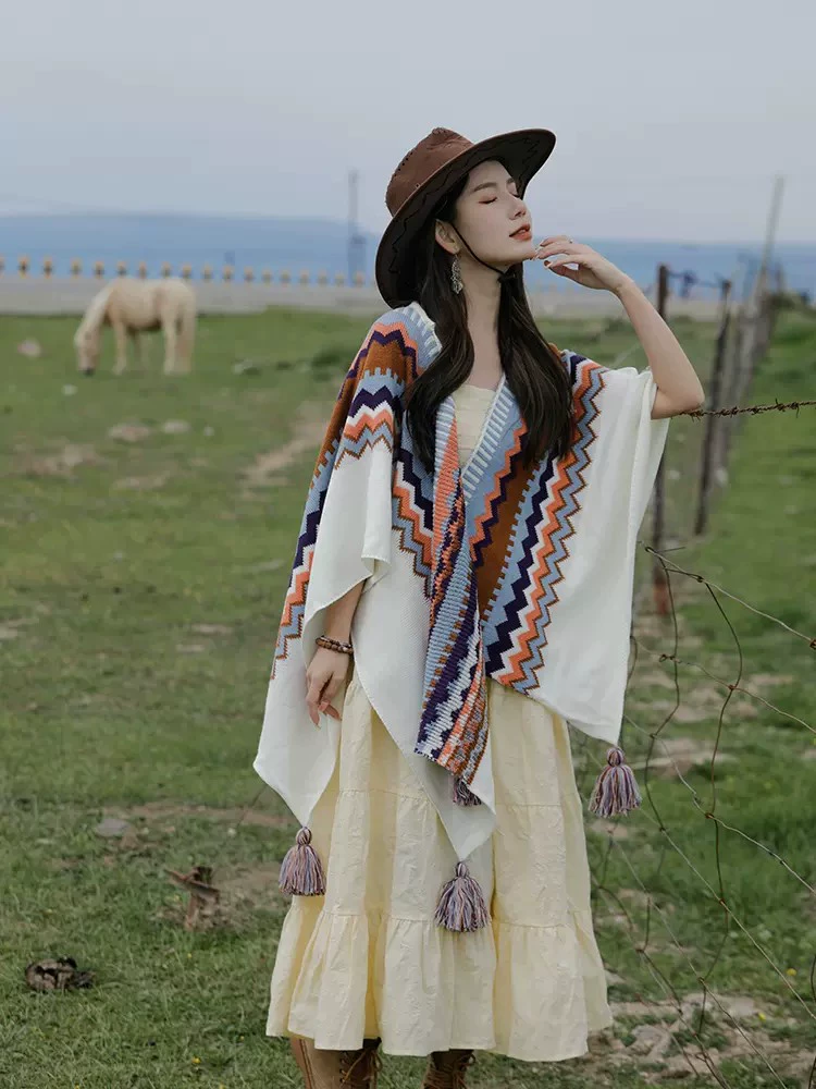 Этническое плащ-пальто, шерстяной knitted плащ, подвеска ручной работы с кисточками для путешествий