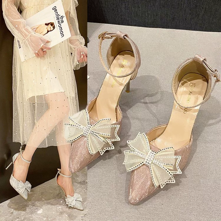 Новые элегантные туфли на высоком каблуке с бантом и стразами цвета шампань для женщин, осень-зима 2025, для вечеринок и свадеб