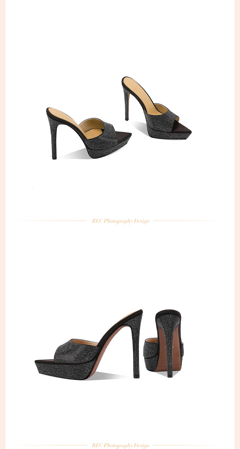 Sandal cao gót nữ hở mũi đính đá platform gót nhọn 9 cm — Champagne màu chi tiết 3