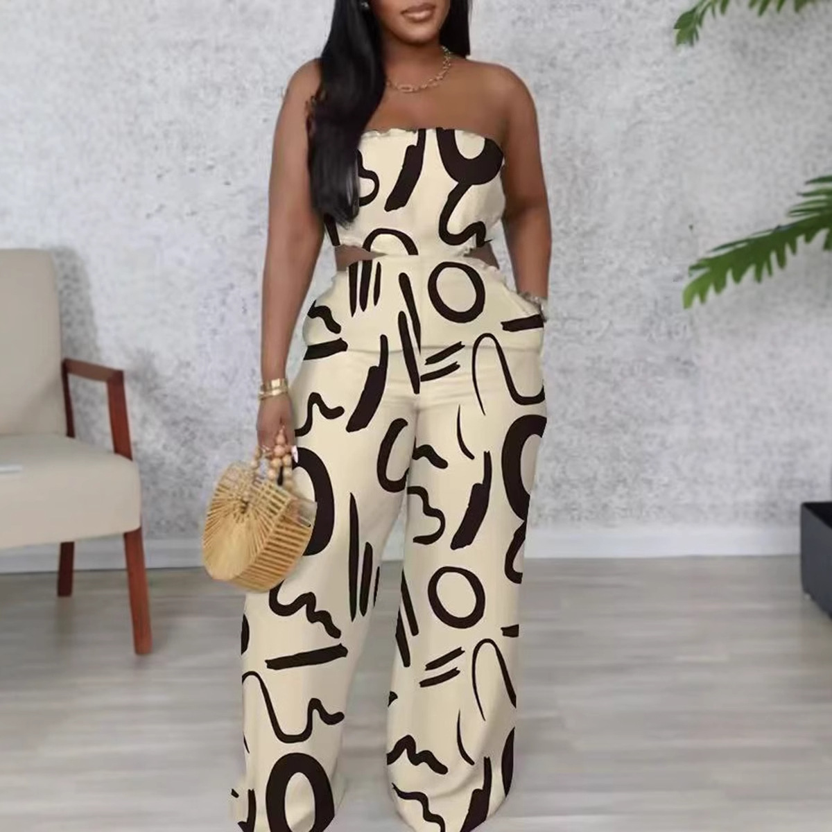 Elegant Strapless Printed Jumpsuit For Women Wide Leg Bottoms Casual Summer Polyester Thin Comfortable_ecoleips.com