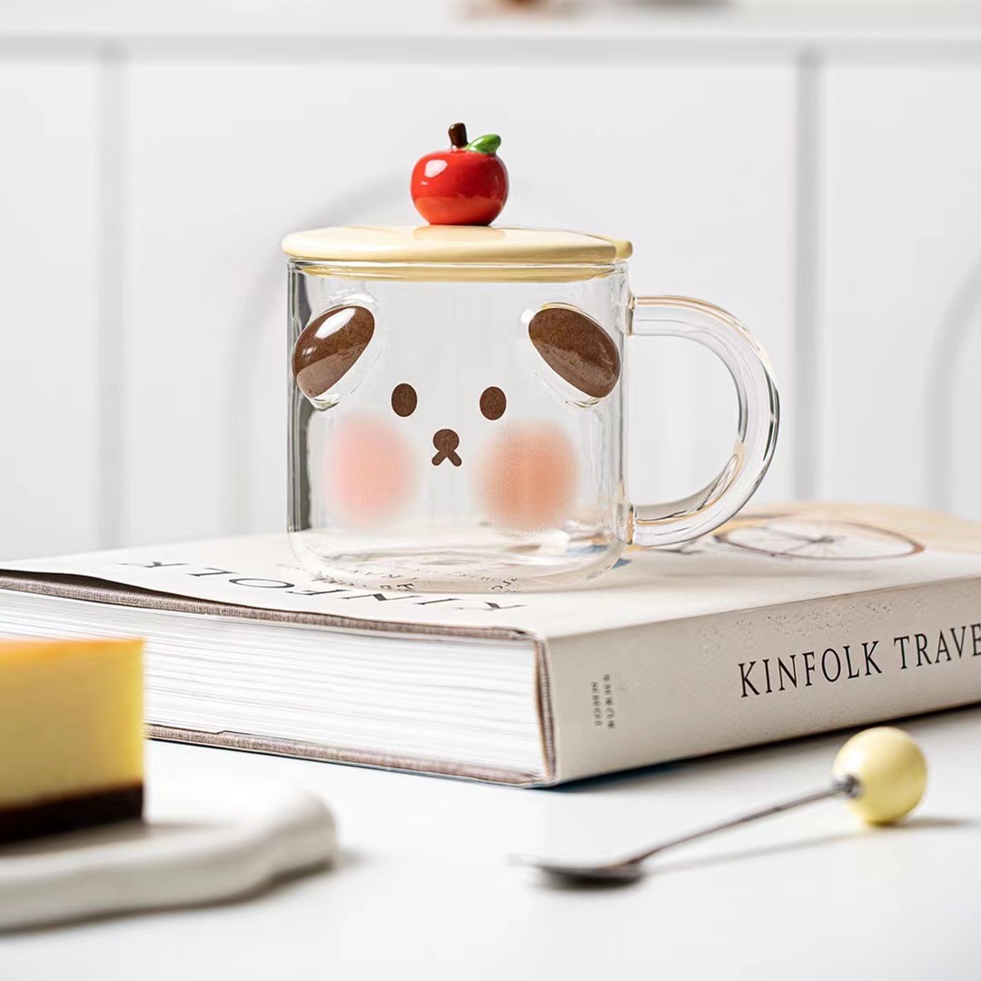 Personalidad creativa de dibujos animados Corazón de melocotón cerdo Cereza cachorro taza de vidrio en relieve taza de agua de desayuno de aspecto alto