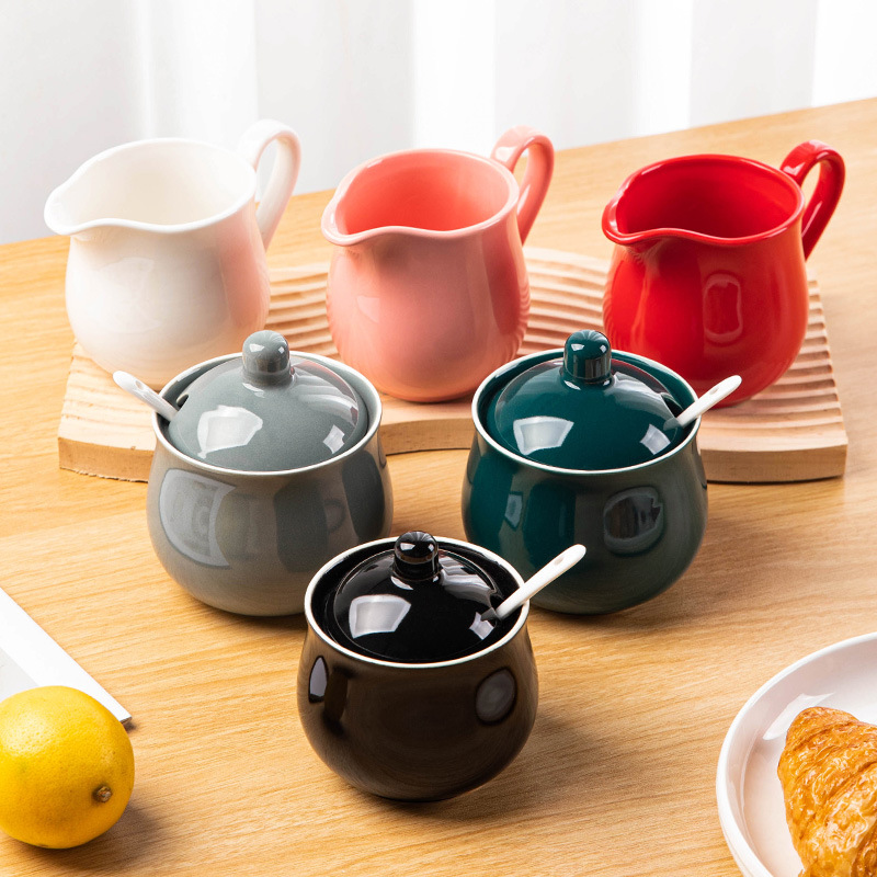 跨境陶瓷奶壶糖罐套装组合家用厨房调味罐咖啡奶盅西餐酱汁壶奶罐