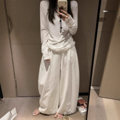 立体弯刀裤 松弛感宽松纯棉阔腿休闲裤女早秋新款白色美式低腰裤