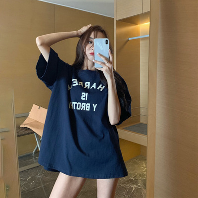 하라주쿠 스타일 편지 한국 스타일 느슨한 반팔 티셔츠 여성 여름 신작 회색 반팔 탑 인 트렌드