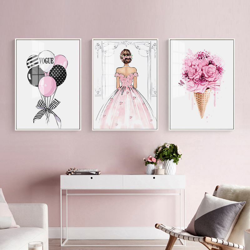 简约北欧ins水彩气球花束卉美女婚纱粉色时尚喜庆客厅装饰画图片