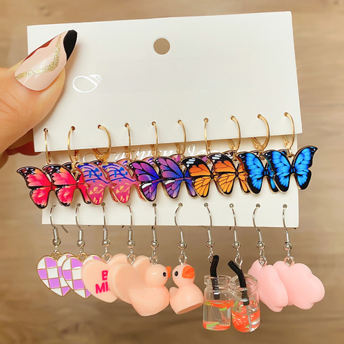 Mushang Cross-border New Children's Earrings Set for Girls Cartoon Resin Oil Drop Earrings Earring Set of 5 Pieces for Wholesale