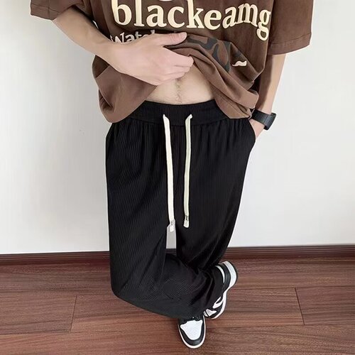 Men's Summer Thin American Casual Long Pants Trendy Loose Straight Leg Wide Leg Pants in Chiaroscuro Brown Ice Silk