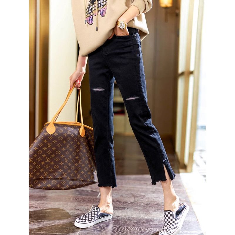 plus size Stretch Split Ripped Jeans Women's 2024 New Spring and Autumn High Waist All-match Slimming Straight Pants Women