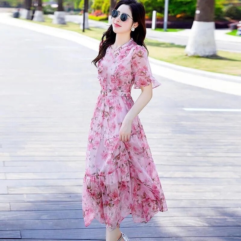 Mid-length printed dress 2025 summer new French fashion slim high waist skirt wholesale