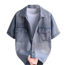 时尚男士纯色牛仔衬衫柔软透气翻领双口袋短袖休闲衬衫男舒适男装