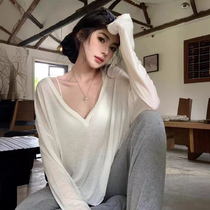 White Thin Micro-transparent V-neck Long-sleeved T-shirt Women's Summer Loose Sun Protection Blouse Casual Lazy Style Overalls