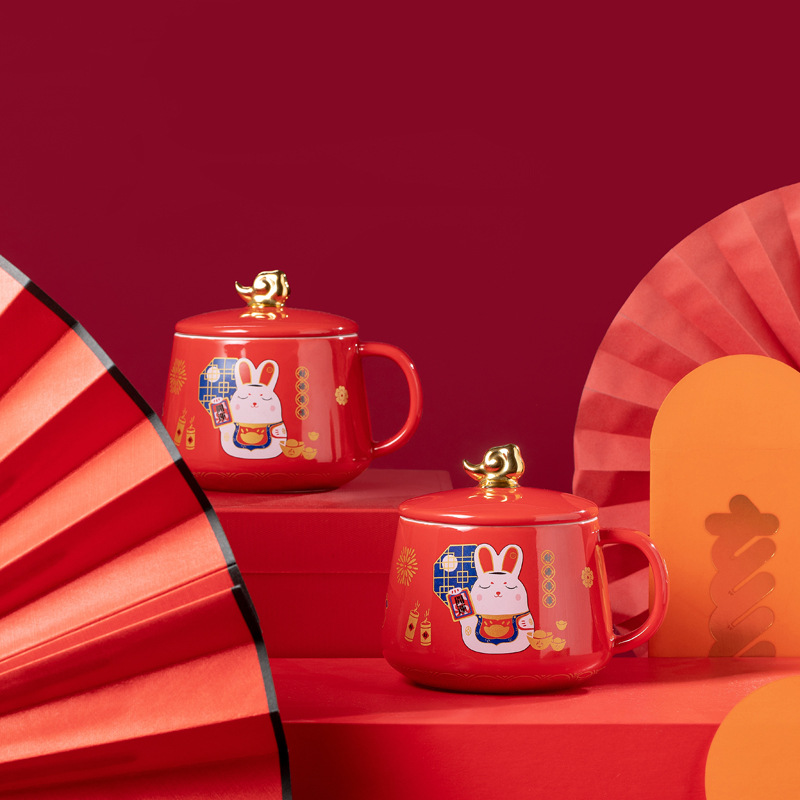 Taza de cerámica de Wenchuang, taza de conejo de jade, taza de café, taza de agua, logotipo tallado