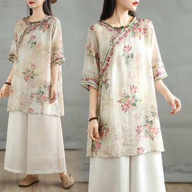 2025夏季新款复古民族风改良文艺印花中长款宽松五分袖上衣女