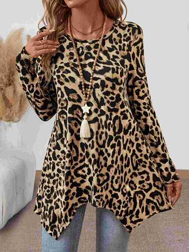 International Trade Cross-Border T-shirt Long Sleeve Loose Casual Crew Neck Leopard Print Knit Elastic Asymmetric Hem Autumn Top