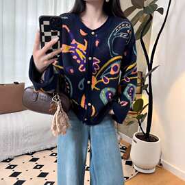 多色提花撞色卷边2026秋新款慵懒风时尚宽松显瘦花毛衣女针织开衫